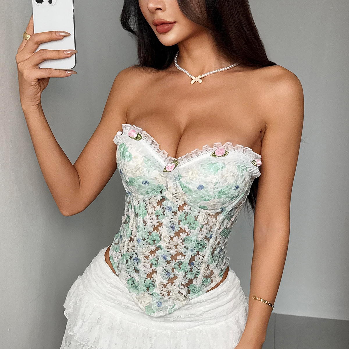 Vintage Floral Lace Corset Top Strapless Embroidery Corset Women Slim Tank Top